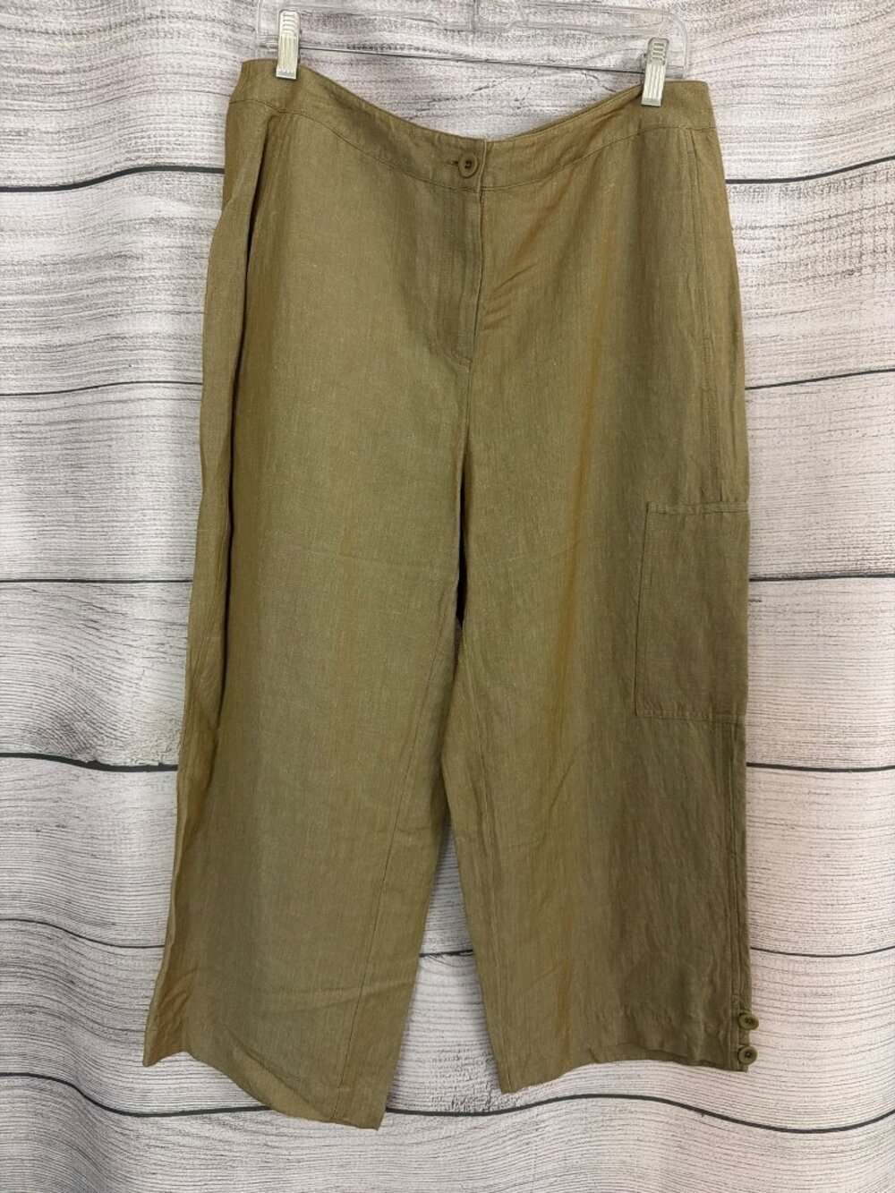 NWT Eileen Fisher Petite Olive Green Linen Wide Leg Pants Size PL